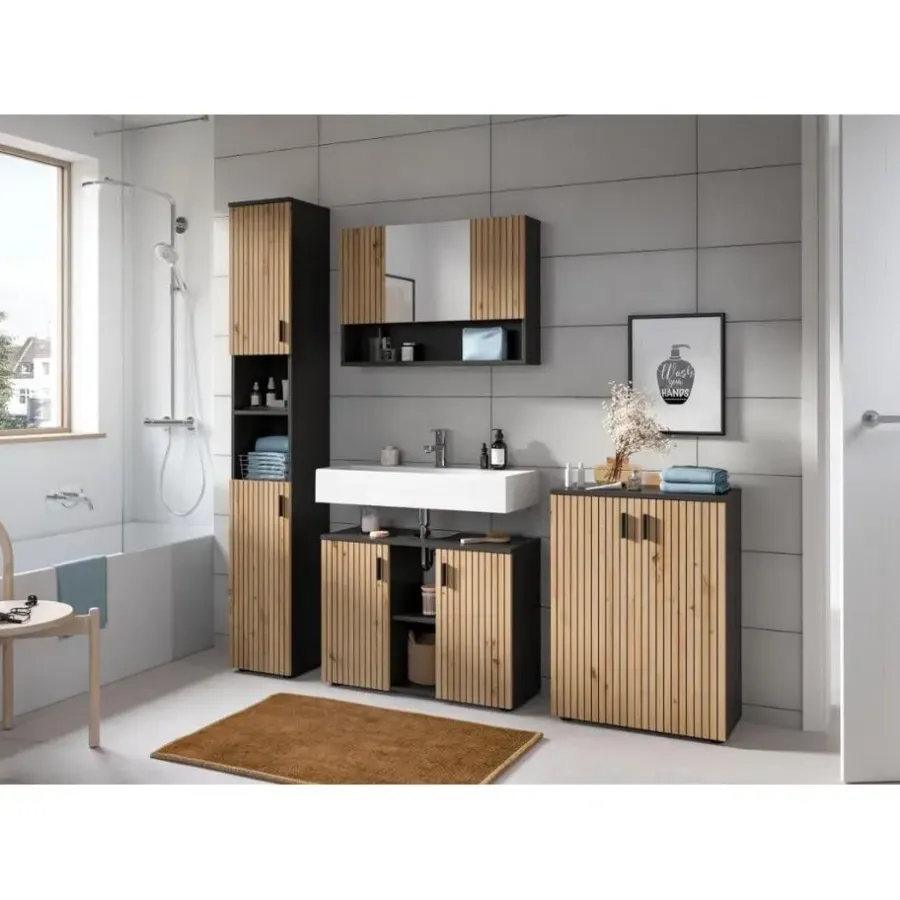 Wastafelkasten-Merkloos Hioshop Mone wastafel 2 deuren- 2 planken eiken decor- donkergrijs