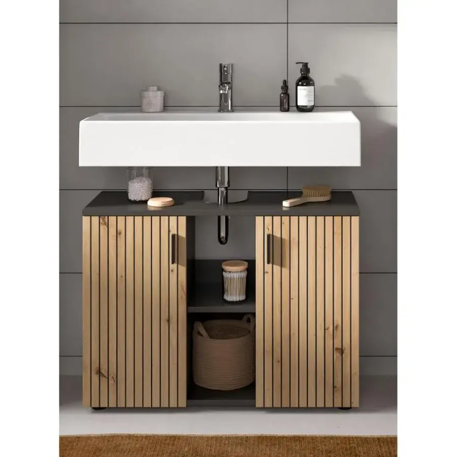 Wastafelkasten-Merkloos Hioshop Mone wastafel 2 deuren- 2 planken eiken decor- donkergrijs