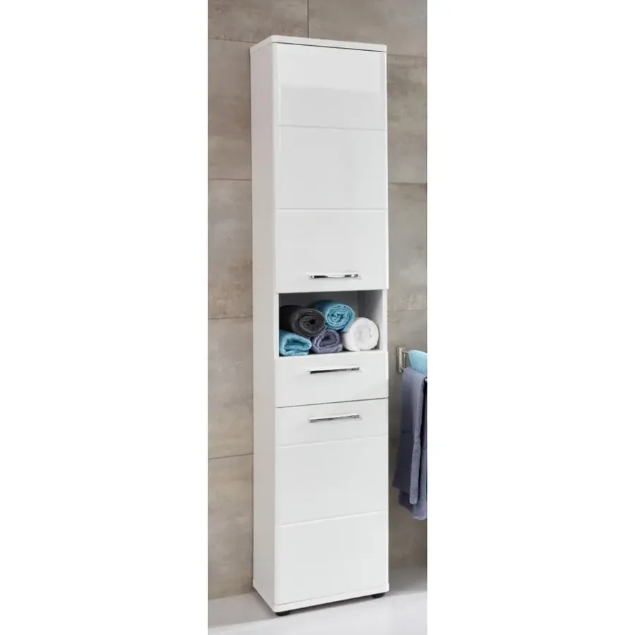 Hioshop Monte kolomkast 2 deuren- 1 lade- 1 open vak wit- wit hoogglans