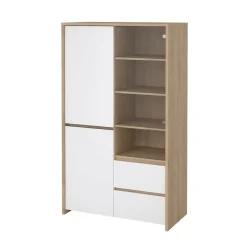 Buffetkasten-Hioshop Next vitrinekast 3 deuren- 2 lades- 1 plank eiken decor- wit hoogglans