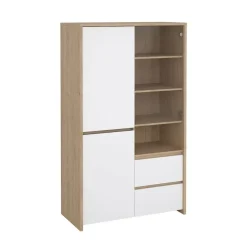 Buffetkasten-Hioshop Next vitrinekast 3 deuren- 2 lades- 1 plank eiken decor- wit hoogglans