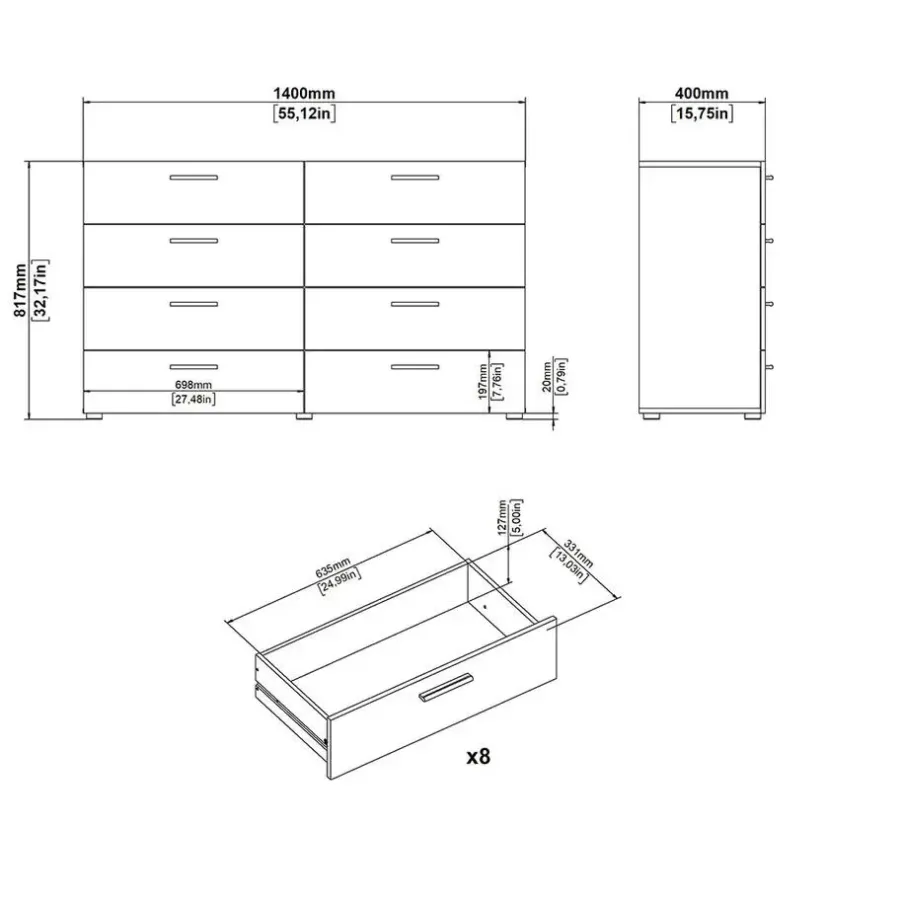 Hioshop Pepe kommode 8 lades zwarte structuur