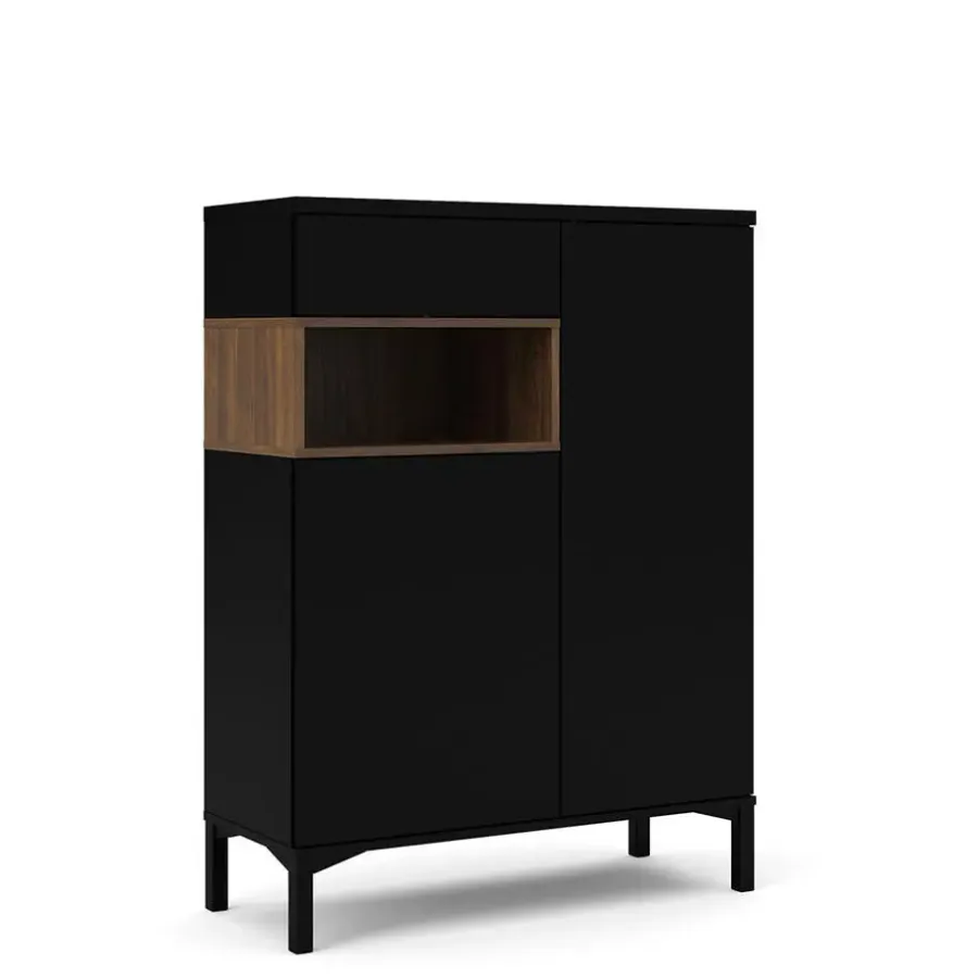 Hioshop Ringe dressoir 2 deuren- 1 lade en 1 vak zwart en walnoot decor