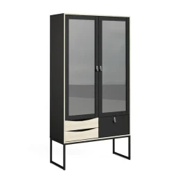 Hioshop Sady vitrinekast 2 glazen deuren- 3 lades mat zwart- eiken decor