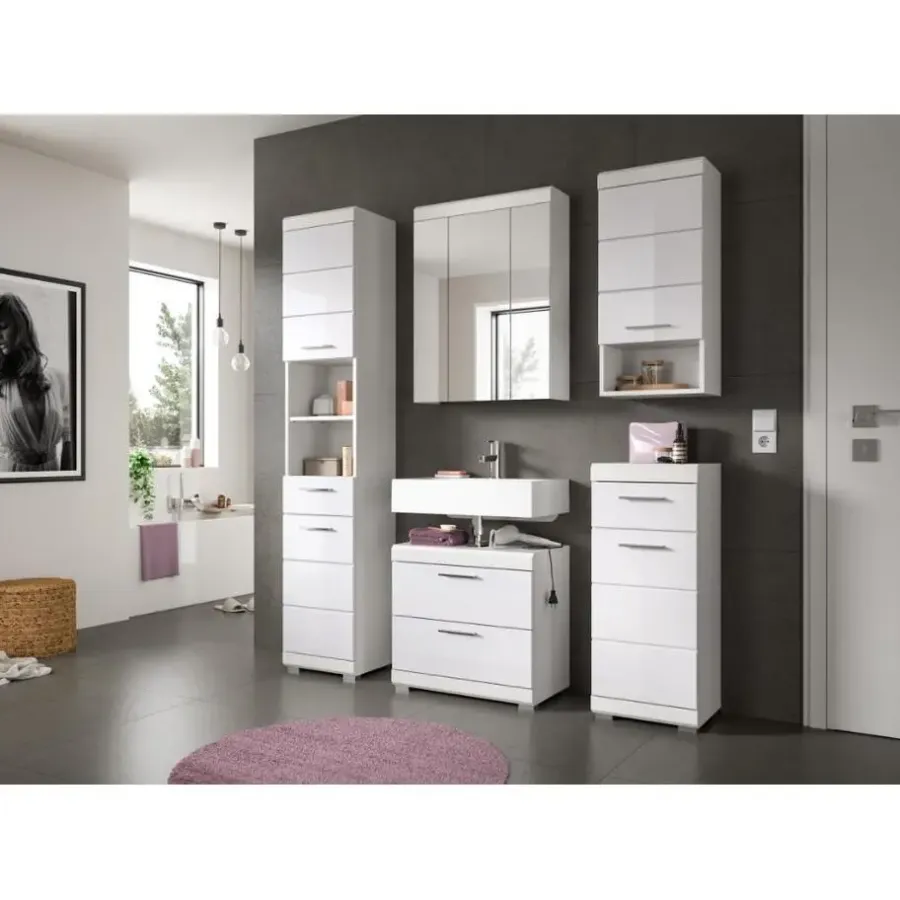 Hoge Kasten-Merkloos Hioshop Scout badkamerkast 1 deur- 1 lade wit hoogglans- wit