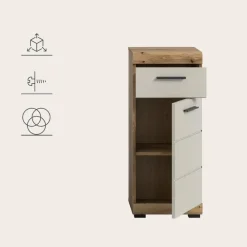 Hoge Kasten-Merkloos Hioshop Scout badkamerkast 1 deur- 1 lade kasjmier decor mat- eiken decor