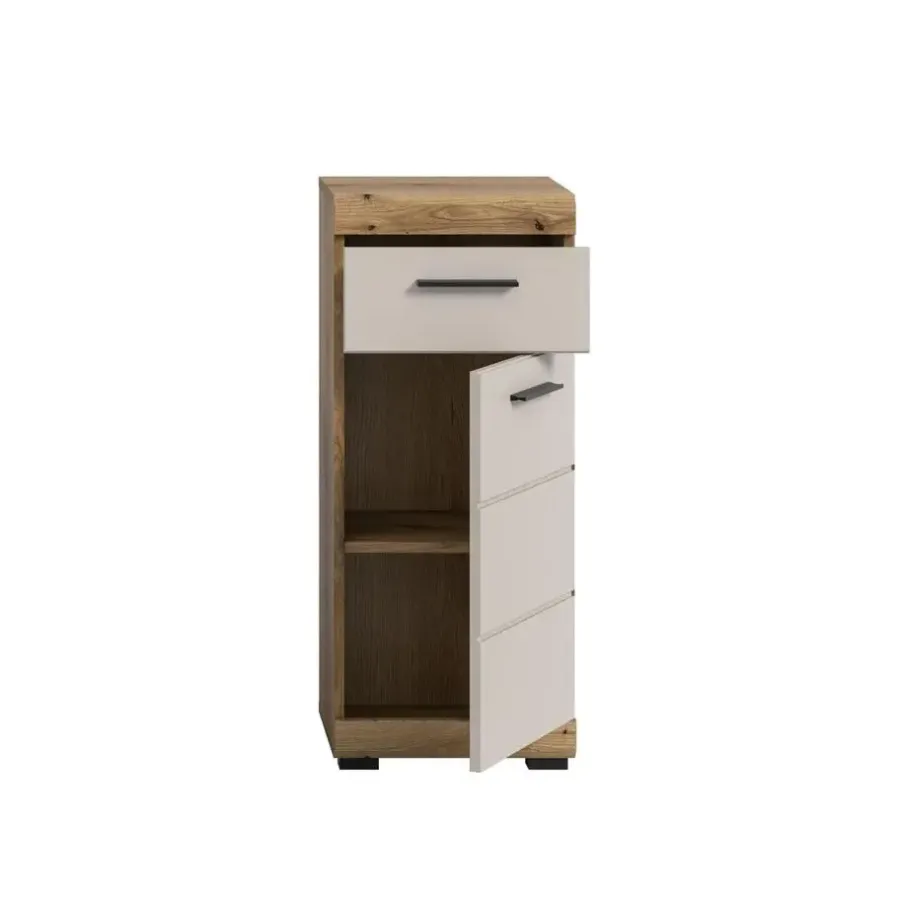 Hoge Kasten-Merkloos Hioshop Scout badkamerkast 1 deur- 1 lade kasjmier decor mat- eiken decor