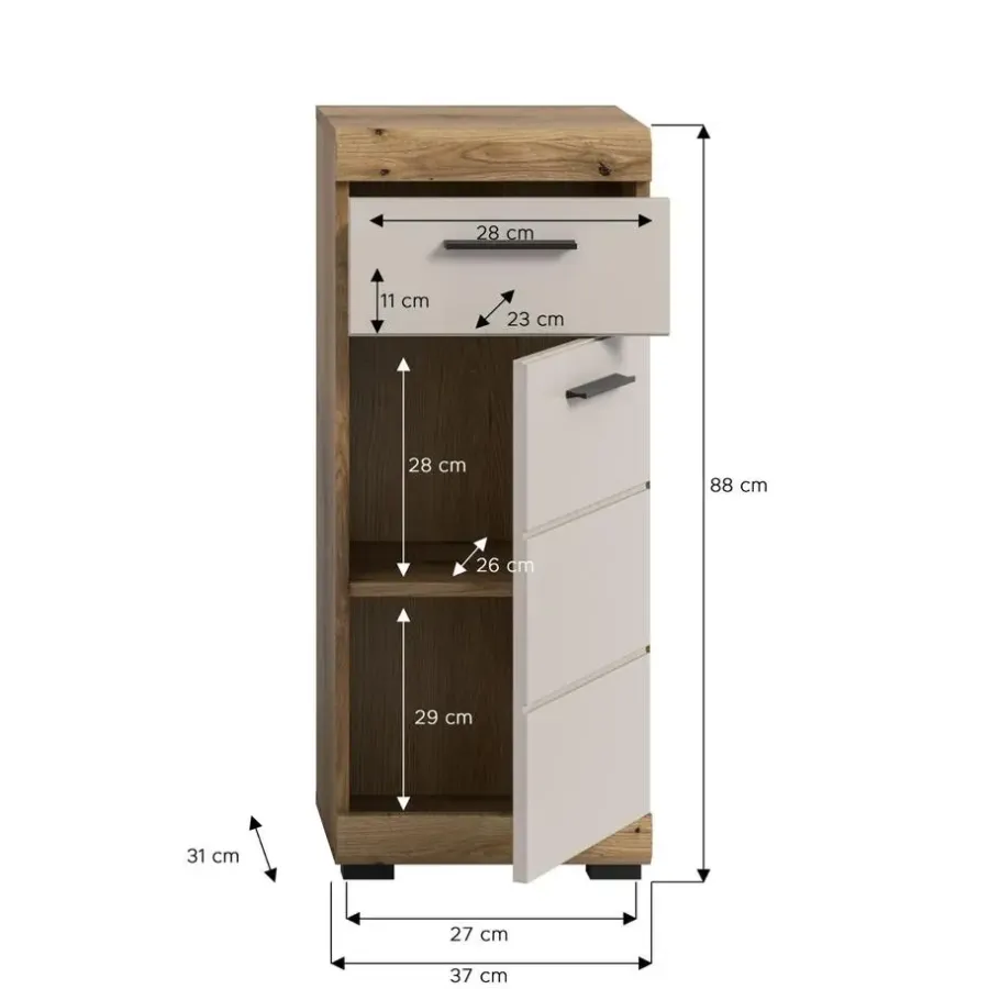 Hoge Kasten-Merkloos Hioshop Scout badkamerkast 1 deur- 1 lade kasjmier decor mat- eiken decor