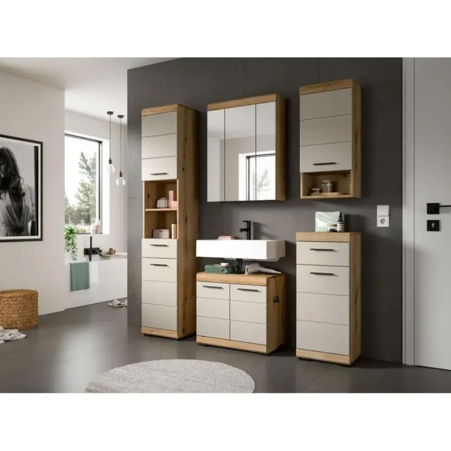 Hoge Kasten-Merkloos Hioshop Scout badkamerkast 1 deur- 1 lade kasjmier decor mat- eiken decor