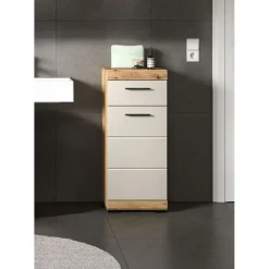 Hoge Kasten-Merkloos Hioshop Scout badkamerkast 1 deur- 1 lade kasjmier decor mat- eiken decor