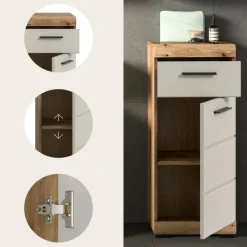 Hoge Kasten-Merkloos Hioshop Scout badkamerkast 1 deur- 1 lade kasjmier decor mat- eiken decor