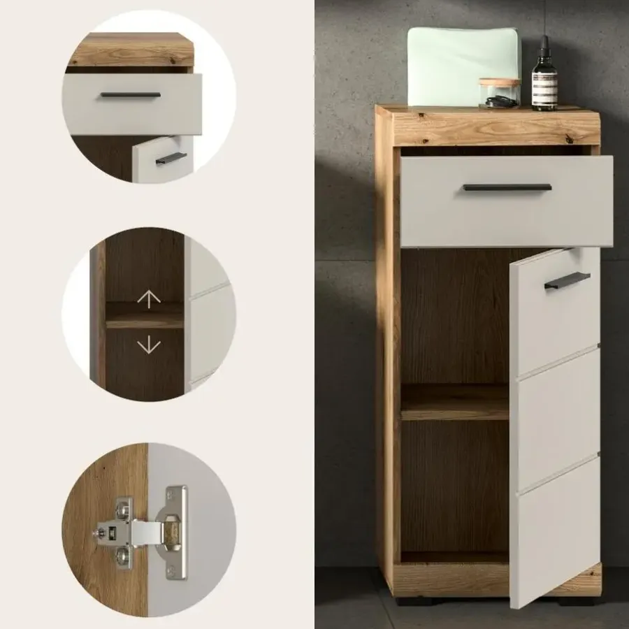 Hoge Kasten-Merkloos Hioshop Scout badkamerkast 1 deur- 1 lade kasjmier decor mat- eiken decor