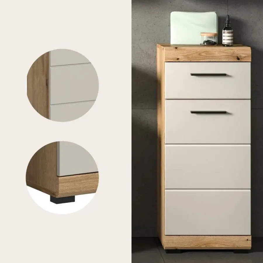 Hoge Kasten-Merkloos Hioshop Scout badkamerkast 1 deur- 1 lade kasjmier decor mat- eiken decor