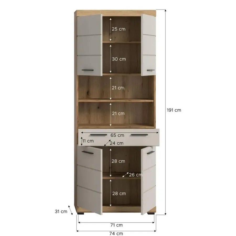 Merkloos Hioshop Scout kolomkast 4 deuren- 1 lade- 2 planken kasjmier decor mat- eiken