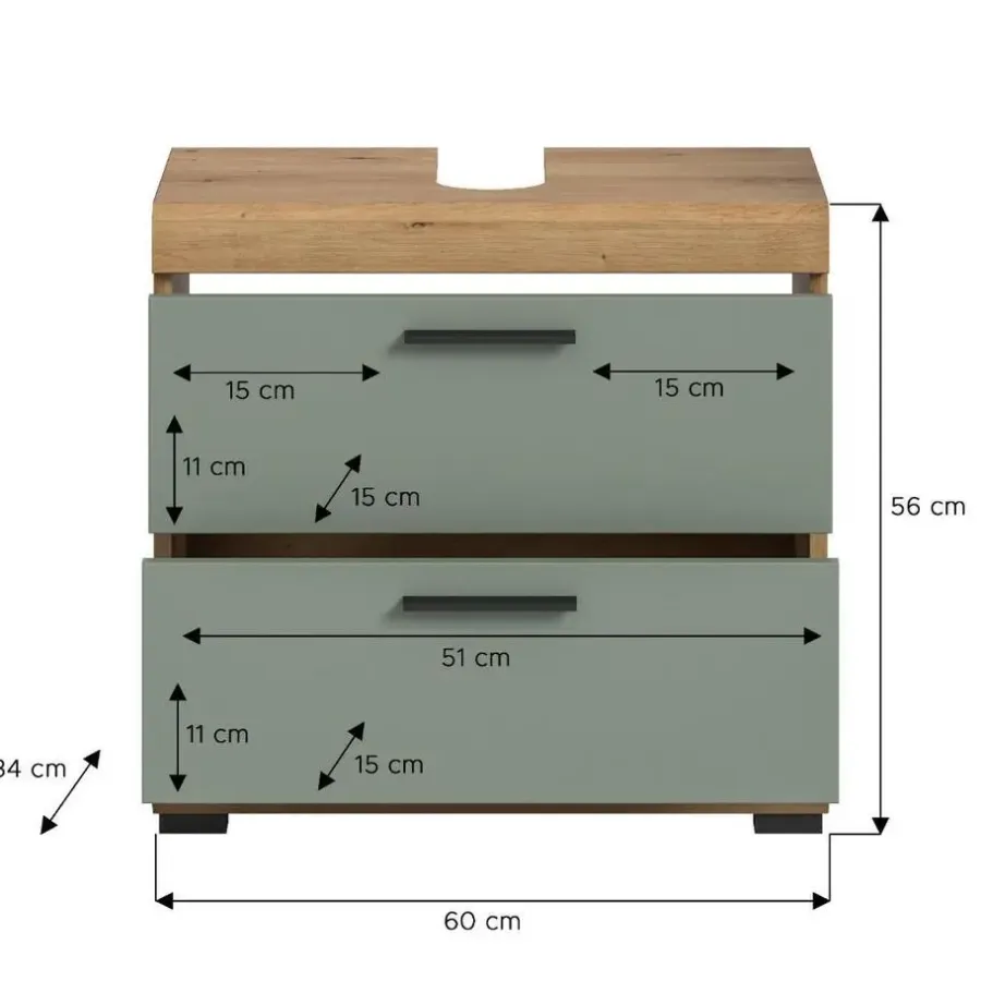 Merkloos Hioshop Scout wastafel 2 deuren- 2 lades- 2 planken salvie decor- eiken decor