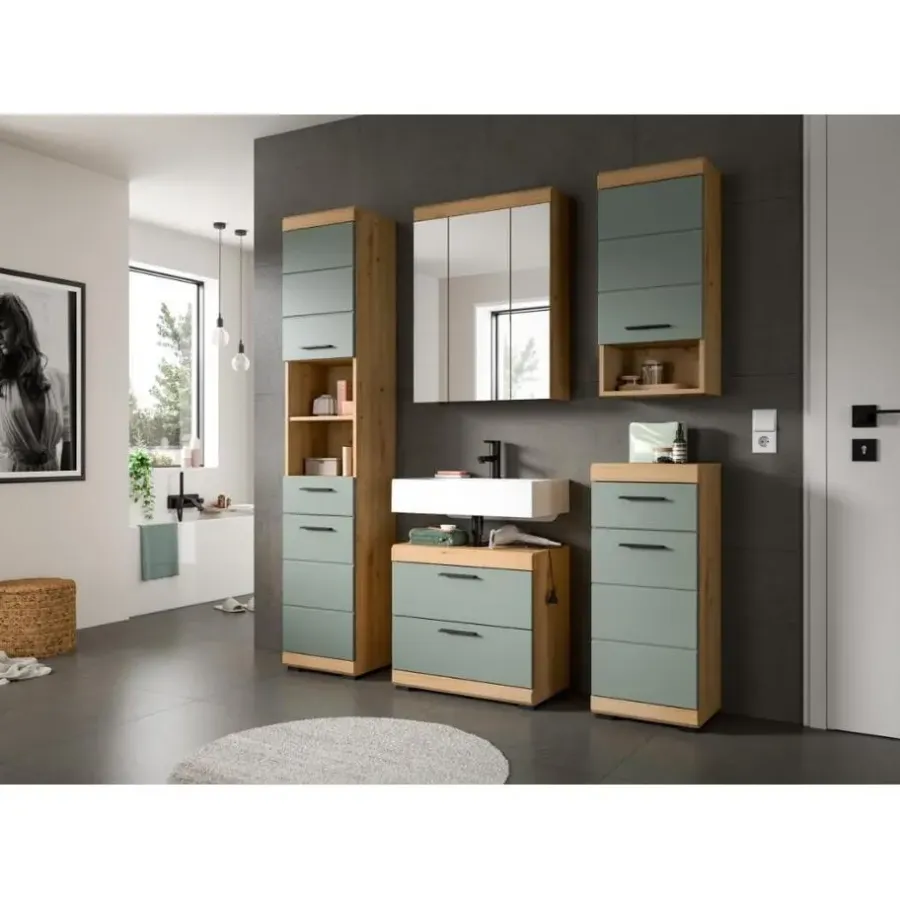 Merkloos Hioshop Scout wastafel 2 deuren- 2 lades- 2 planken salvie decor- eiken decor