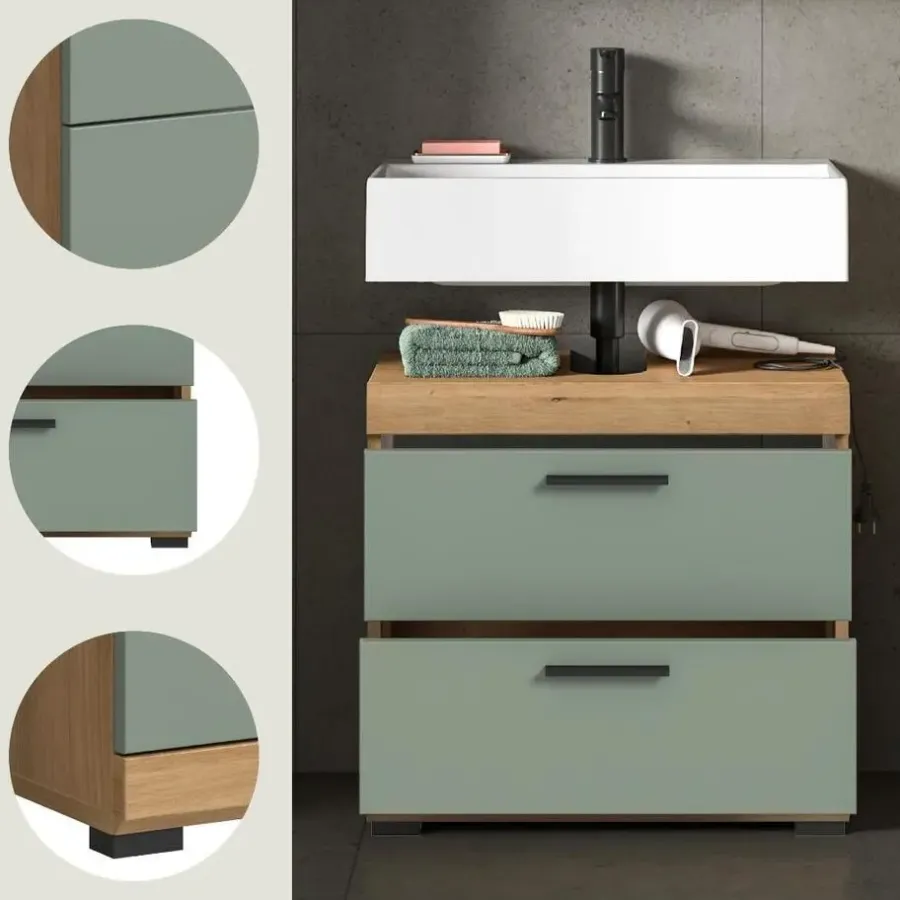 Merkloos Hioshop Scout wastafel 2 deuren- 2 lades- 2 planken salvie decor- eiken decor