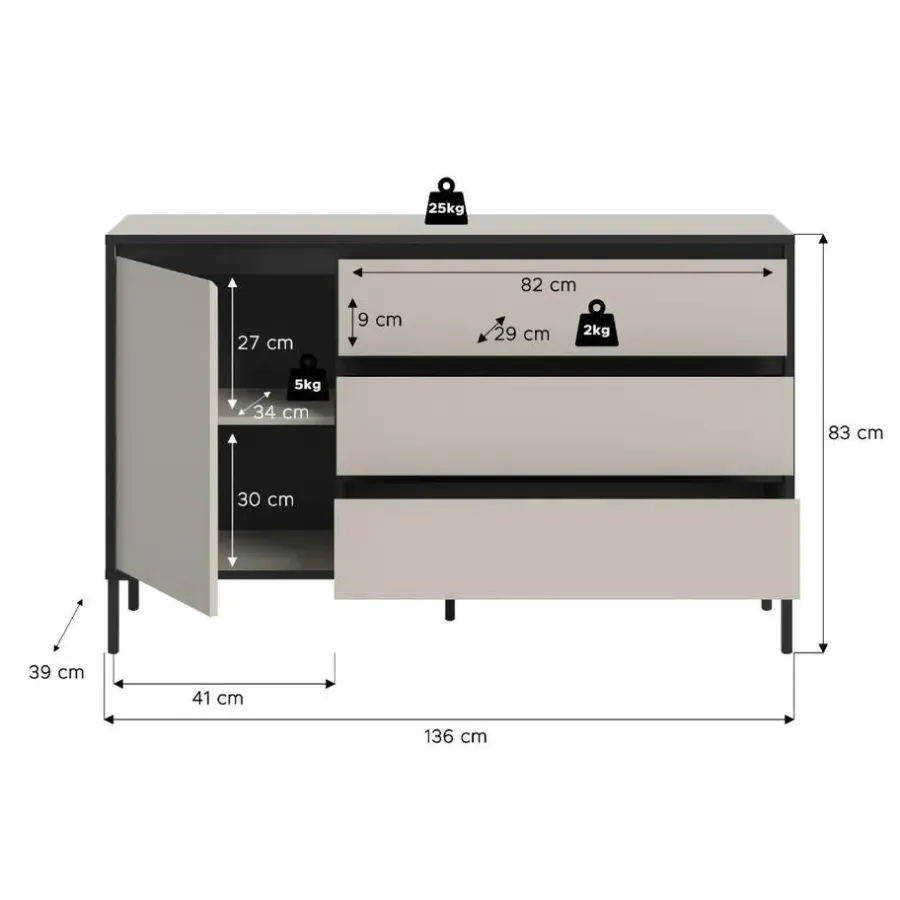 Merkloos Hioshop Tron dressoir 1 deur- 3 lades kasjmier decor