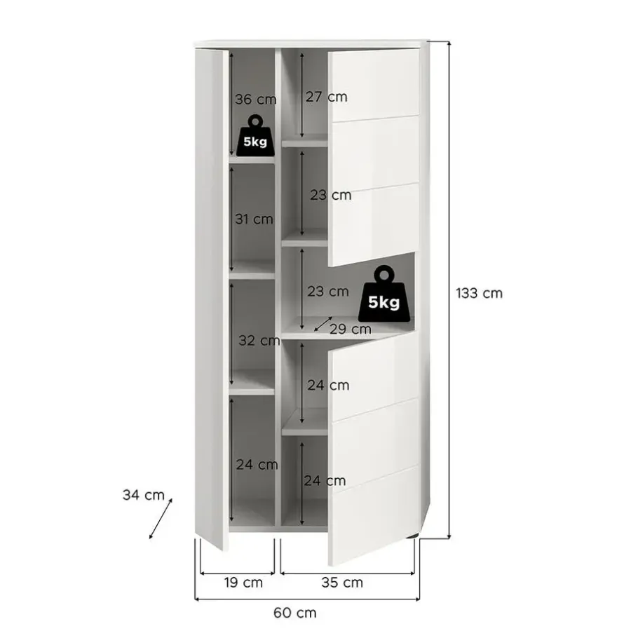 Hoge Kasten-Hioshop Vira badkamerkast 3 deuren 1 vak wit hoogglans- wit