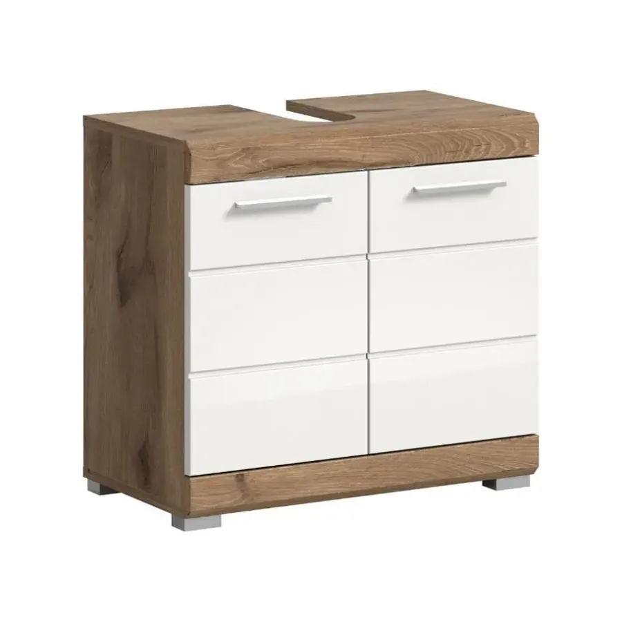 Wastafelkasten-Merkloos Hioshop Wave wastafel 2 deuren wit hoogglans- eiken decor