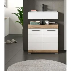 Wastafelkasten-Merkloos Hioshop Wave wastafel 2 deuren wit hoogglans- eiken decor
