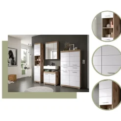 Wastafelkasten-Merkloos Hioshop Wave wastafel 2 deuren wit hoogglans- eiken decor