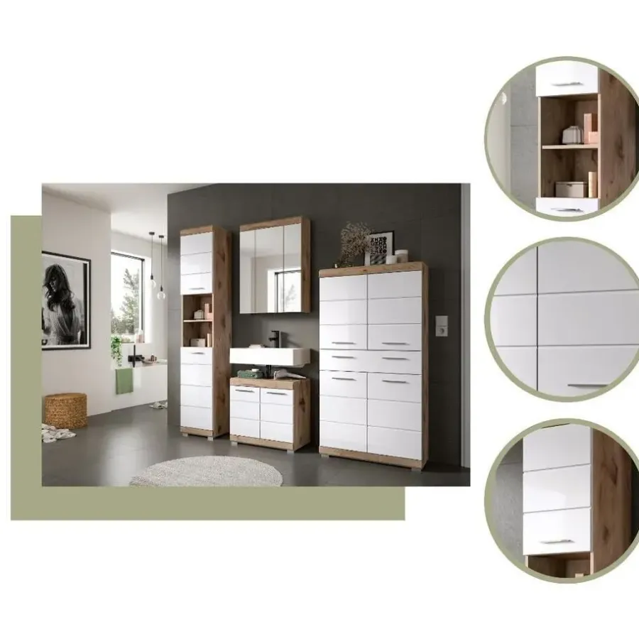Wastafelkasten-Merkloos Hioshop Wave wastafel 2 deuren wit hoogglans- eiken decor