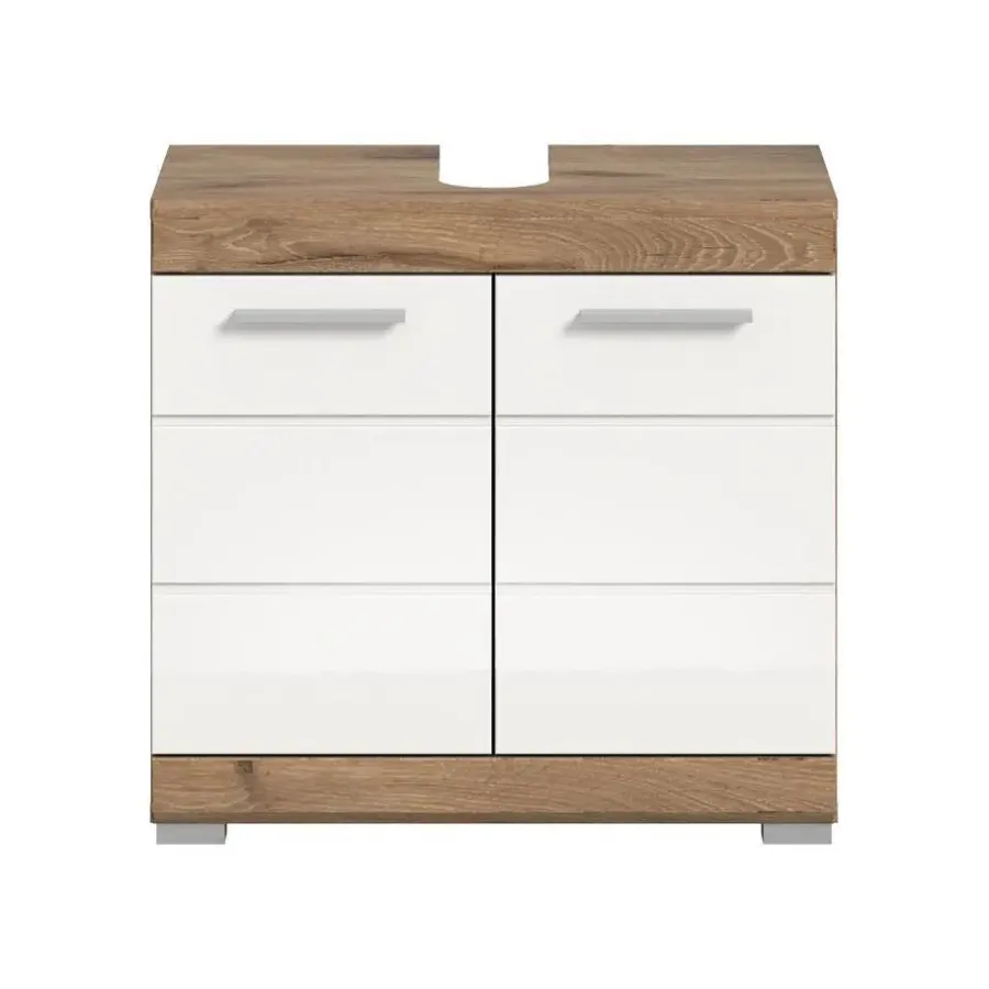 Wastafelkasten-Merkloos Hioshop Wave wastafel 2 deuren wit hoogglans- eiken decor