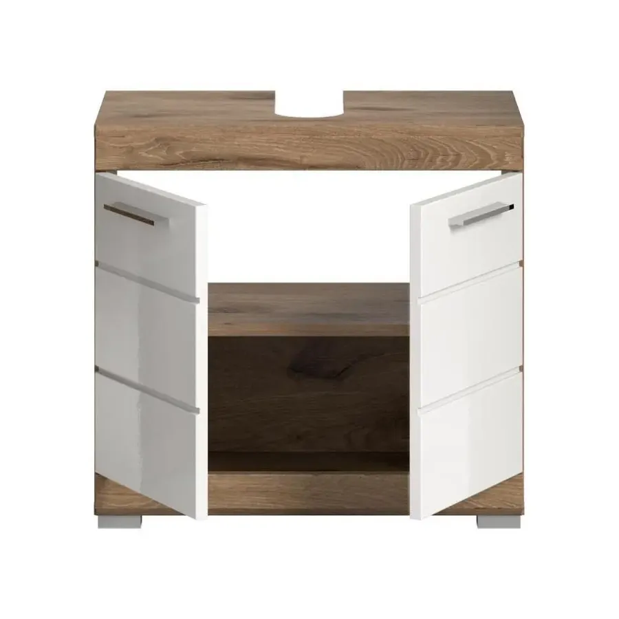 Wastafelkasten-Merkloos Hioshop Wave wastafel 2 deuren wit hoogglans- eiken decor