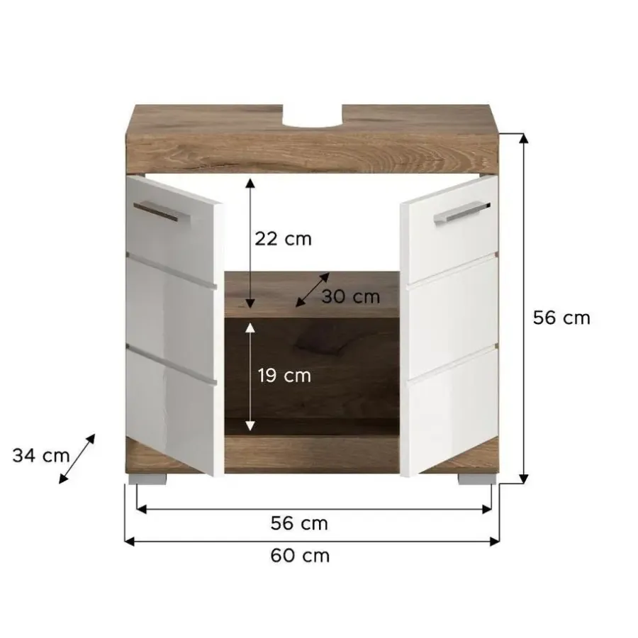 Wastafelkasten-Merkloos Hioshop Wave wastafel 2 deuren wit hoogglans- eiken decor