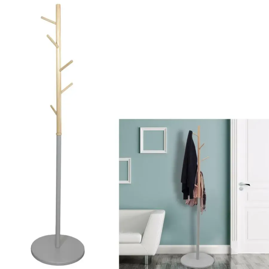 Kapstokken-The Home Deco Factory Home Deco Factory Kapstok - grijs - metaal/hout - 6 haken - 180cm