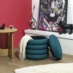 The Home Deco Factory Home Deco Factory Poef/krukje - boucle - petrol - D37 x H44 cm