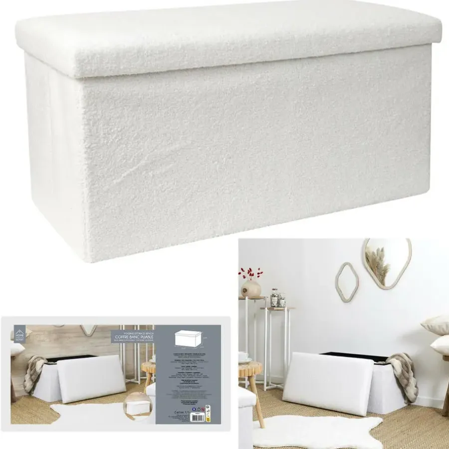 The Home Deco Factory Home Deco Poef - MDF/polyester - Natuurlijk - wit - 76 x 38 cm