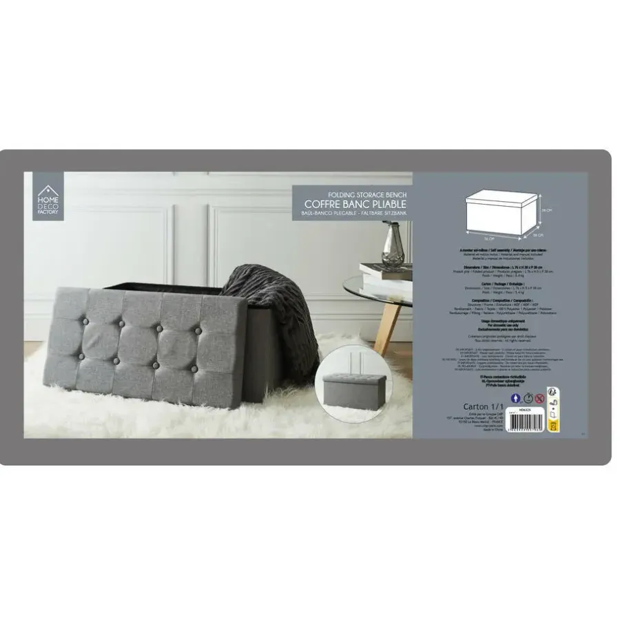Poefen-The Home Deco Factory Home Deco Poef Chique - opbergbox - donkergrijs - 76 x 38 cm
