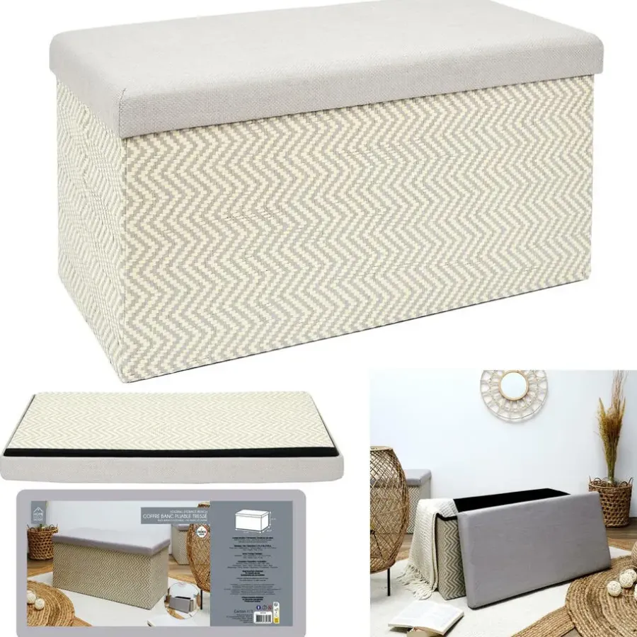 Poefen-The Home Deco Factory Home Deco Poef Fishbone - opbergbox - beige/grijs - 76 x 38 cm
