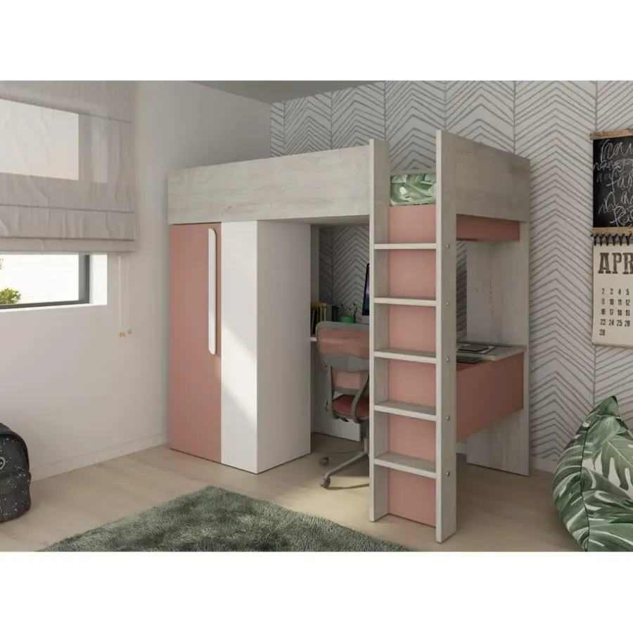 Kinderbedden-Trasman Hoogslaper Beau 90x200 met bureau & kast - oudroze
