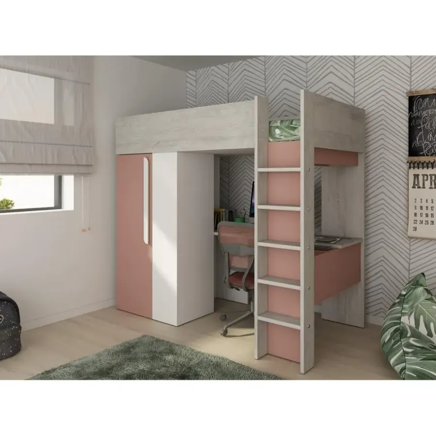 Kinderbedden-Trasman Hoogslaper Beau 90x200 met bureau & kast - oudroze
