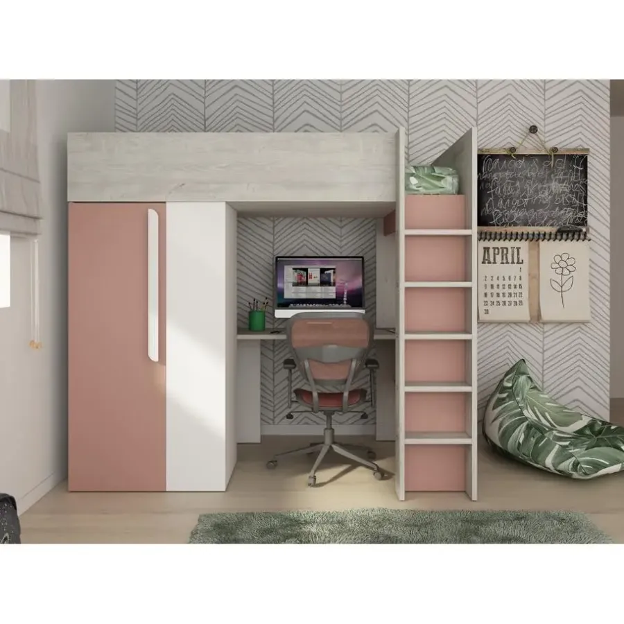 Kinderbedden-Trasman Hoogslaper Beau 90x200 met bureau & kast - oudroze