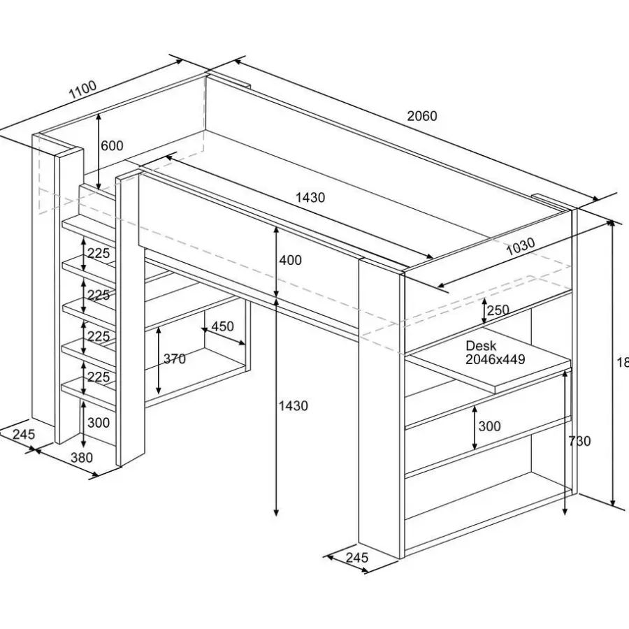 Kinderbedden-Trasman Hoogslaper Beau 90x200 met bureau - wit/grafiet