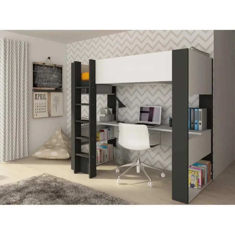 Kinderbedden-Trasman Hoogslaper Beau 90x200 met bureau - wit/grafiet