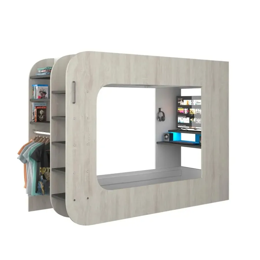 Kinderbedden-Trasman Hoogslaper Graham met gamebureau 90x200cm - den