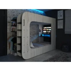 Kinderbedden-Trasman Hoogslaper Graham met gamebureau 90x200cm - den