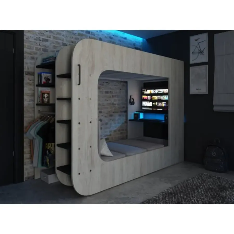 Kinderbedden-Trasman Hoogslaper Graham met gamebureau 90x200cm - den