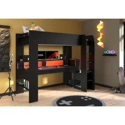 Kinderbedden-Leen Bakker Hoogslaper Justin met LED - zwart - 90x200 cm