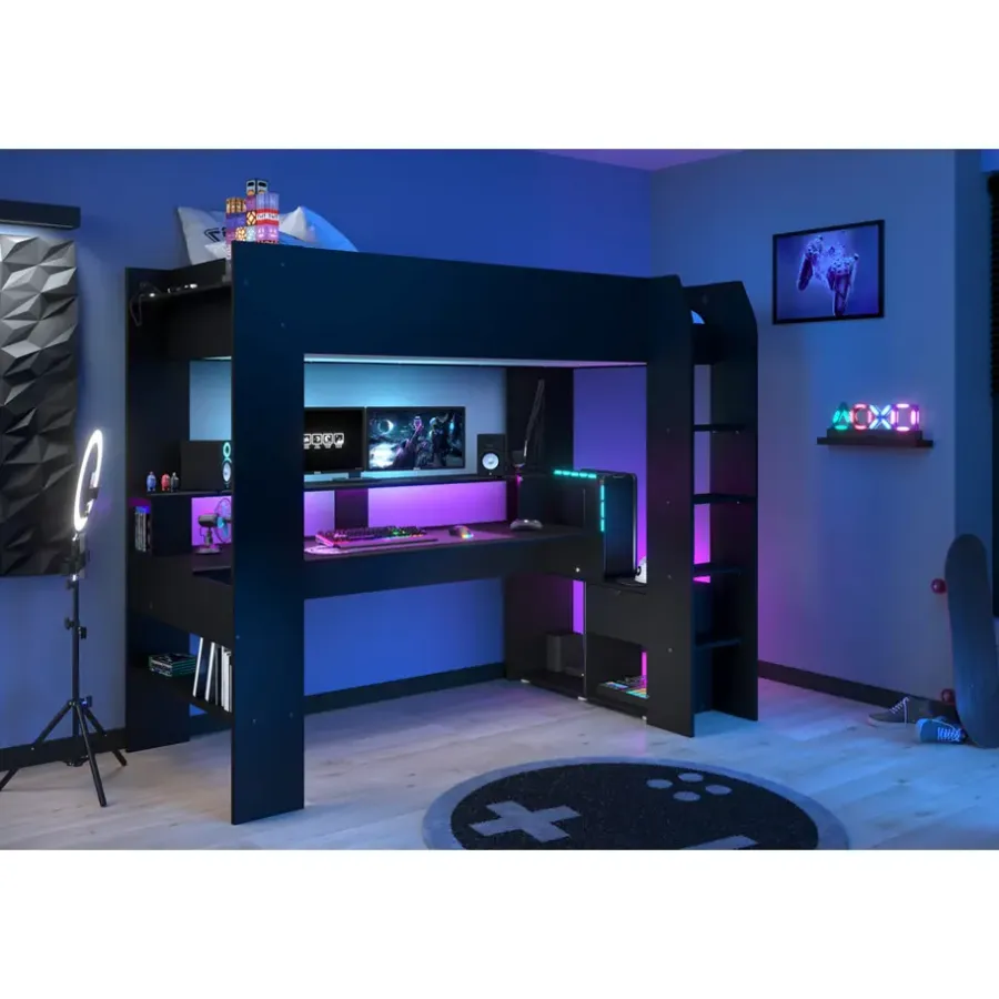 Kinderbedden-Leen Bakker Hoogslaper Justin met LED - zwart - 90x200 cm
