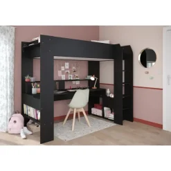 Kinderbedden-Leen Bakker Hoogslaper Justin met LED - zwart - 90x200 cm