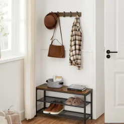 Kapstokken-Merkloos Houten Wandkapstok met 10 Haken - Compacte Muur Kapstok - Vintage Bruin / Zwart