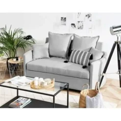 Slaapbanken|Slaapbanken-Beliani HOVIN - Slaapbank 2-zits - Lichtgrijs - Polyester