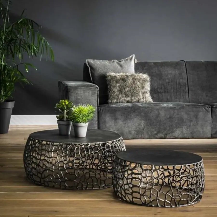 Salontafels-Hoyz Collection Hoyz - Salontafel Maze - Zwart/Grijs Metaal - Set van 2 - 75x75x30