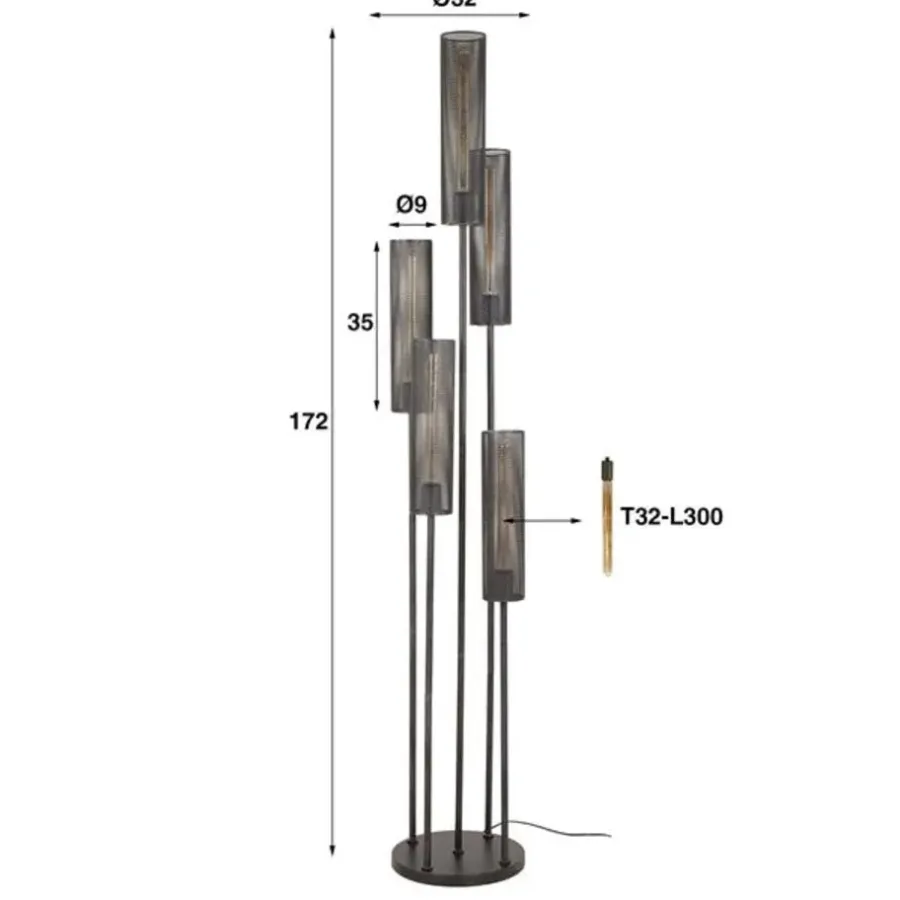 Hoyz Collection - Vloerlamp 5L Getrapt Tube Mesh - Artic Zwart